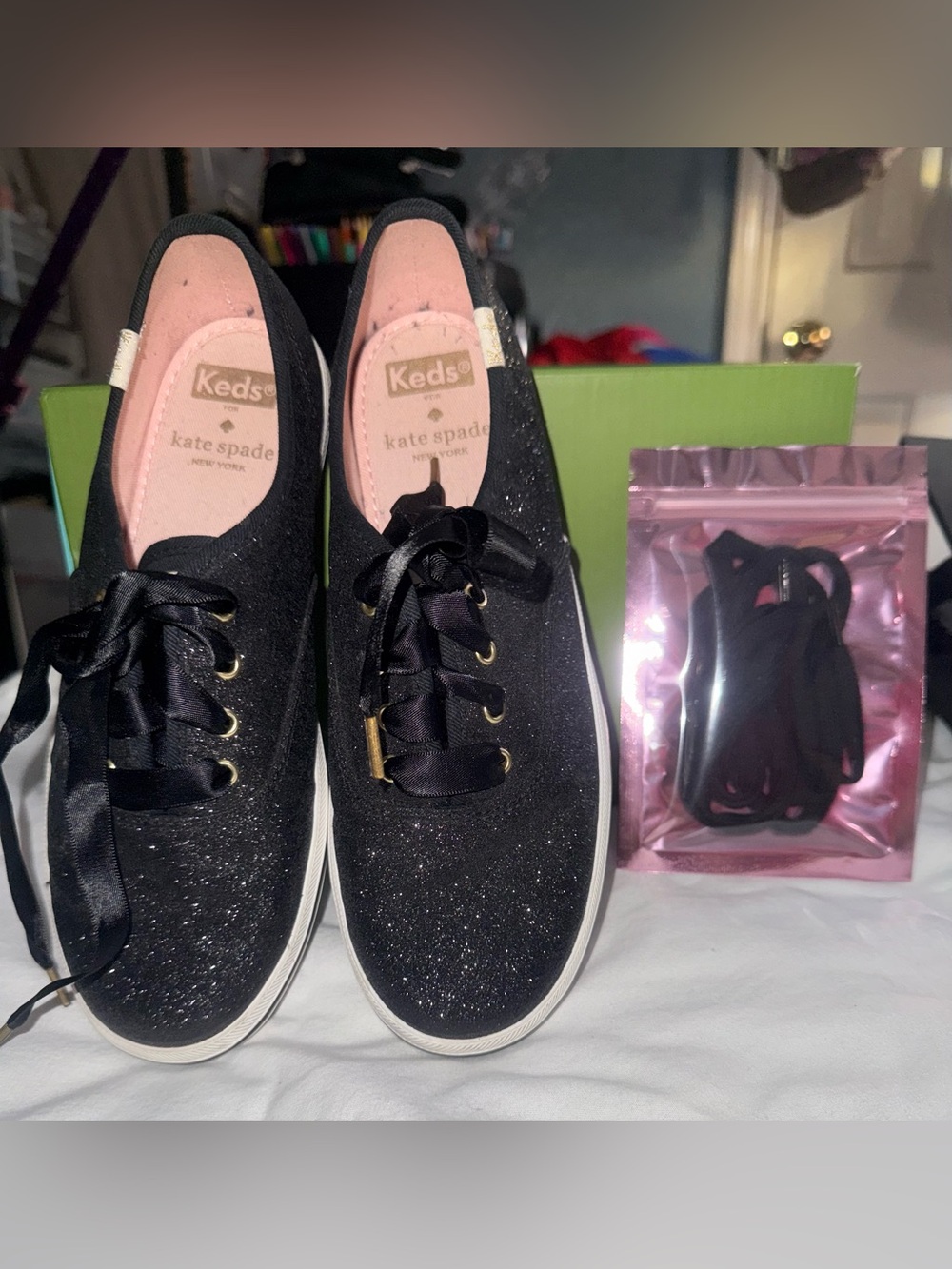 Keds x Kate Spade Black Glitter Sneakers Girls Size 4 Ribbon Laces + Extra